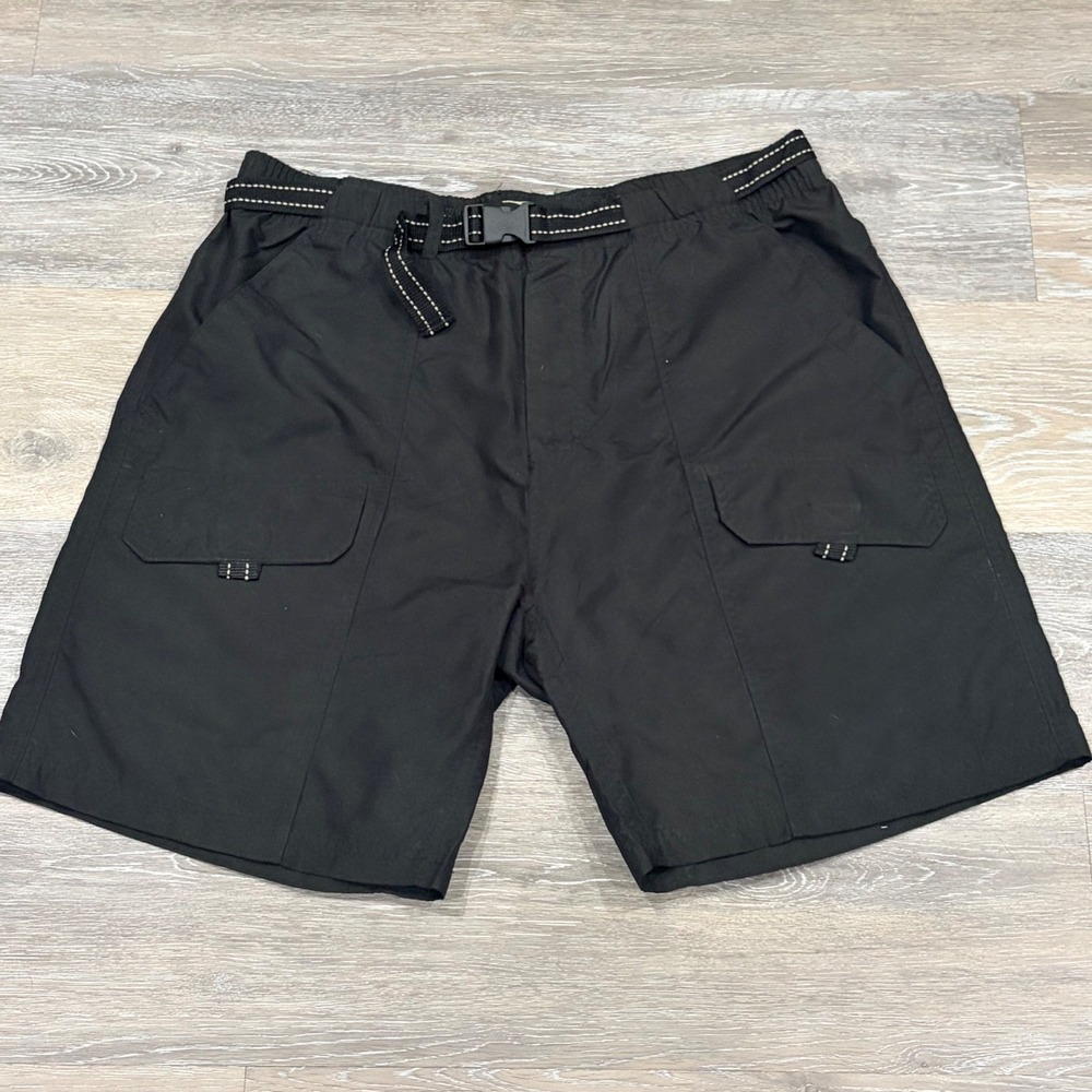 Rustic Ridge Mens Black Hiking Cargo Shorts Integrated Belt Large Polyester